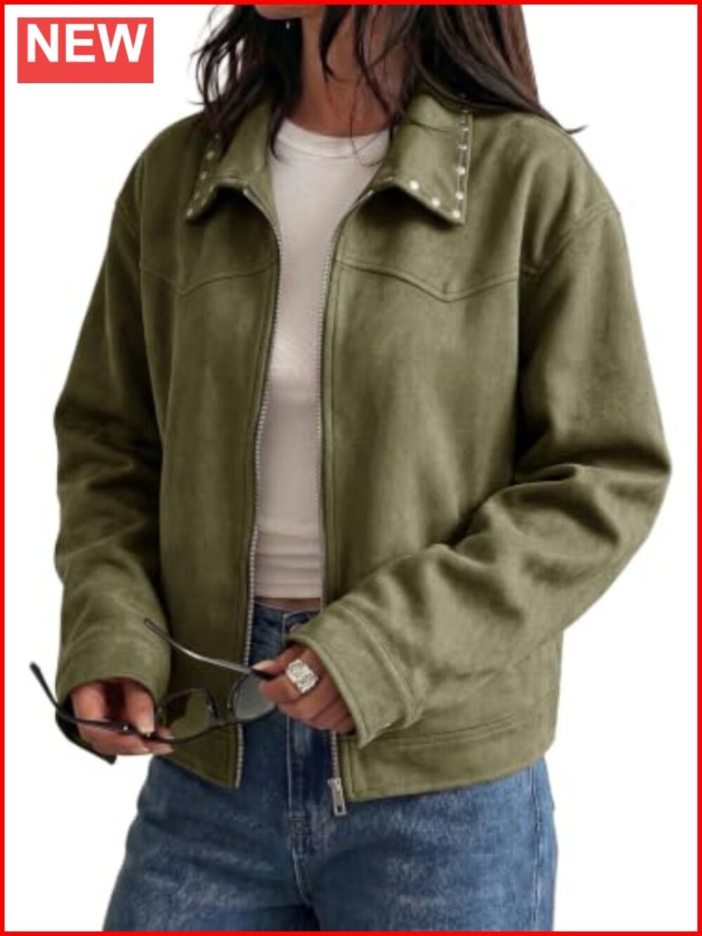 Studded Faux Suede Cropped Jacket with Zipper Closure - Casual Long Sleeve